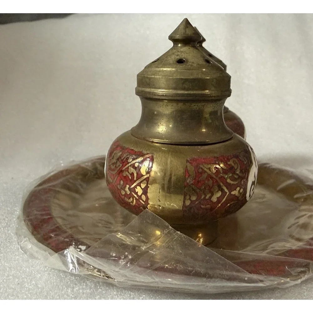 Vintage Siam Thailand Brass Enamel Buddha Salt Pepper Shakers Tray Red